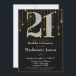 Invitation 21e anniversaire Diamants noirs d'or Ad<br><div class="desc">Une élégante invitation à la fête de 21e anniversaire en noir et or,  avec un grand 21 avec des diamants et l'apparence d'or ainsi qu'un rideau de cireur de lumières or. Pour le 21ème anniversaire homme ou femme dans votre vie.</div>