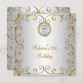 Invitation 21e anniversaire Elegant Blanc Diamant Or Bijou (Devant / Derrière)