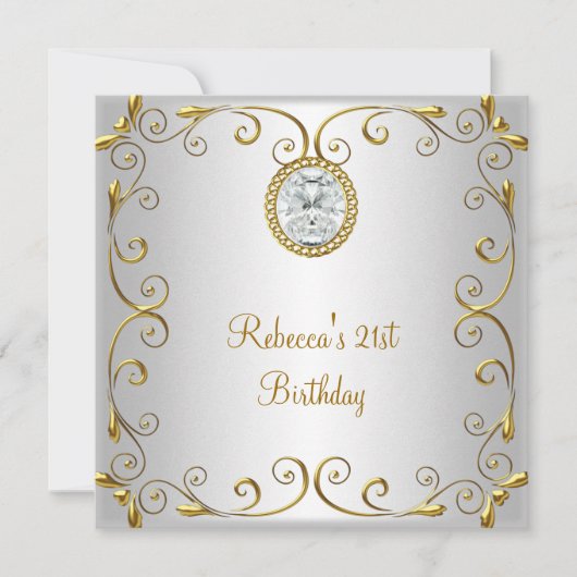 Invitation 21e anniversaire Elegant Blanc Diamant Or Bijou (Devant)