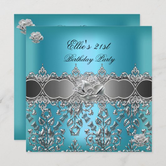 Invitation 21e anniversaire Elégant bleu Turquoise argent flo (Devant / Derrière)