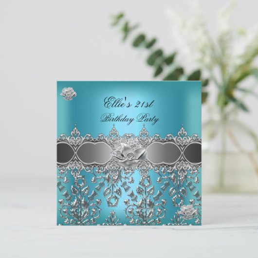 Invitation 21e anniversaire Elégant bleu Turquoise argent flo (Debout devant)
