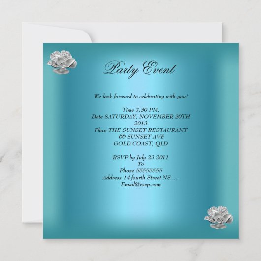 Invitation 21e anniversaire Elégant bleu Turquoise argent flo (Dos)