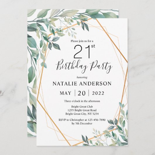 Invitation 21e anniversaire Elégant Eucalyptus Verdure et Or (Devant / Derrière)