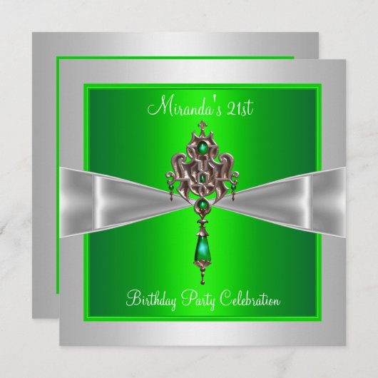 Invitation 21e anniversaire Elegant Lime Green Argent Blanc B (Devant / Derrière)