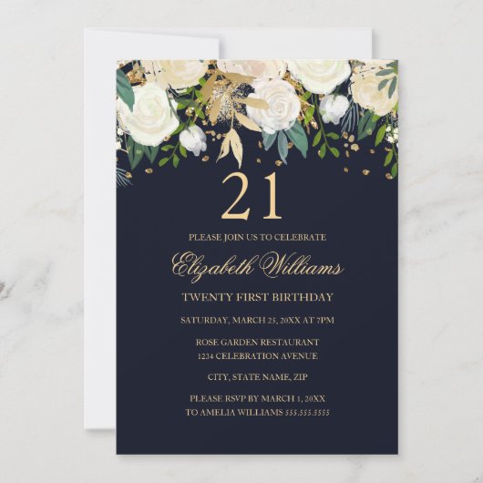 Invitation 21e anniversaire Elegant Navy Gold Floral Invitati (Devant)
