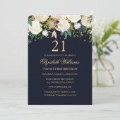 Invitation 21e anniversaire Elegant Navy Gold Floral Invitati (Debout devant)