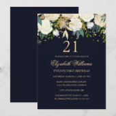 Invitation 21e anniversaire Elegant Navy Gold Floral Invitati (Devant / Derrière)