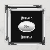 Invitation 21e anniversaire Elégant noir blanc argent Mens (Devant / Derrière)