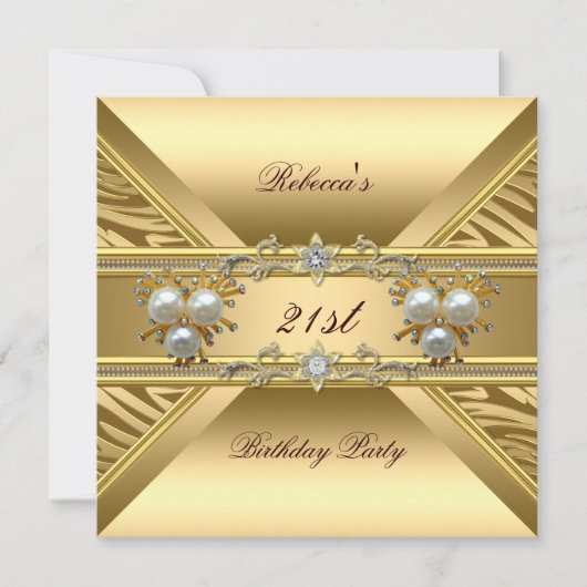 Invitation 21e anniversaire Elegant Zebra Gold Pearl Jewels (Devant)