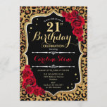 Invitation 21e anniversaire - Empreinte de léopard de Red Ros<br><div class="desc">Invitation du 21e anniversaire. Elégant design rouge noir blanc avec parties scintillant d'or. Comprend un poster de animal de guépard léopard,  des caractères de script et des roses. Parfait pour une soirée d'anniversaire élégante. Peut être personnalisé dans n'importe quelle année! Message-moi si vous avez besoin d'une personnalisation plus poussée.</div>