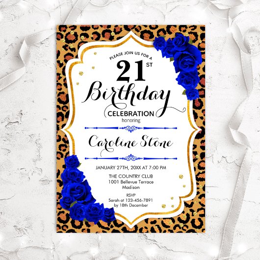Invitation 21e anniversaire - Empreinte de léopard Royal Blue