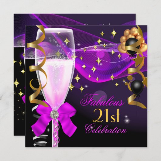Invitation 21e Anniversaire Fabulous Pink Purple Champagne (Devant / Derrière)