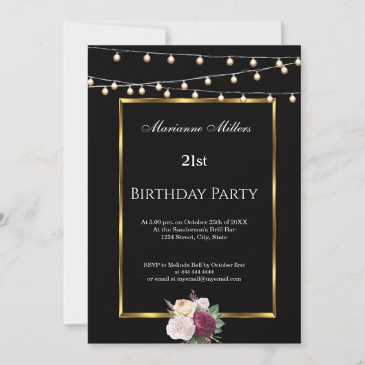 Invitation 21e anniversaire Fairy Lights Rose Noir (Devant)