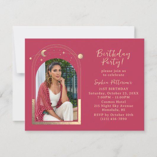 Invitation 21e Anniversaire Fête Céleste Photo Magenta Gold (Devant)