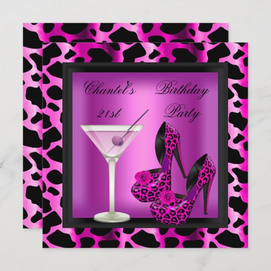 Invitation 21e Anniversaire Fête Chaud Pink Leopard Martini (Devant / Derrière)