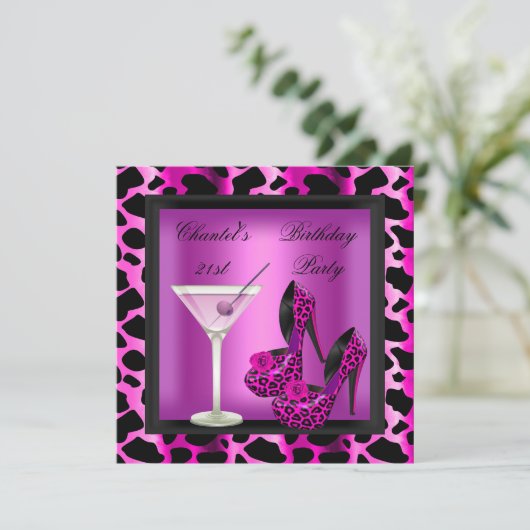 Invitation 21e Anniversaire Fête Chaud Pink Leopard Martini (Debout devant)