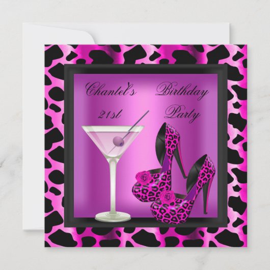 Invitation 21e Anniversaire Fête Chaud Pink Leopard Martini (Devant)