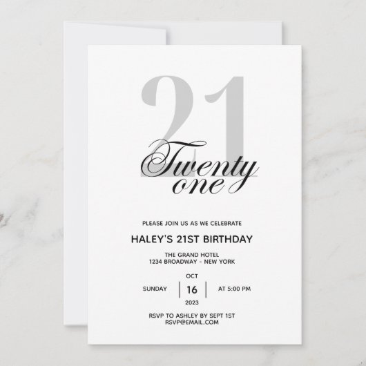 Invitation 21e Anniversaire Fête Chic Minimal (Devant)