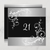 Invitation 21e anniversaire Fête de l'argent noir Flore blanc (Devant / Derrière)