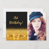 Invitation 21e anniversaire fête en or noir glam photo (Devant)