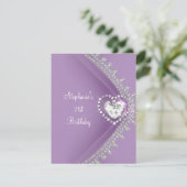 Invitation 21e Anniversaire Fête Lilac Heart Diamond Jewel (Debout devant)