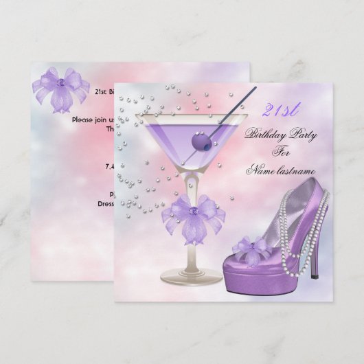Invitation 21e Anniversaire Fête Lilac Martini Purple Rose (Devant / Derrière)
