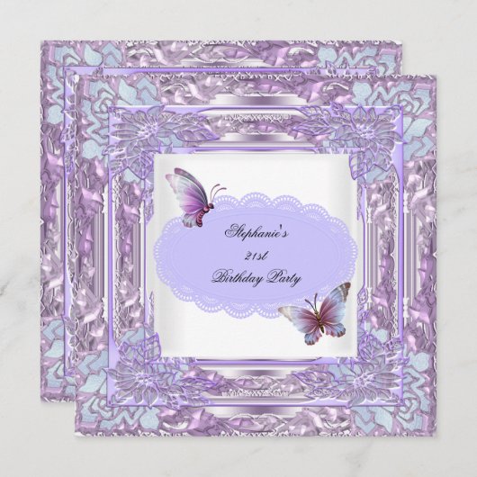Invitation 21e Anniversaire Fête Lilac Papillon blanc (Devant / Derrière)