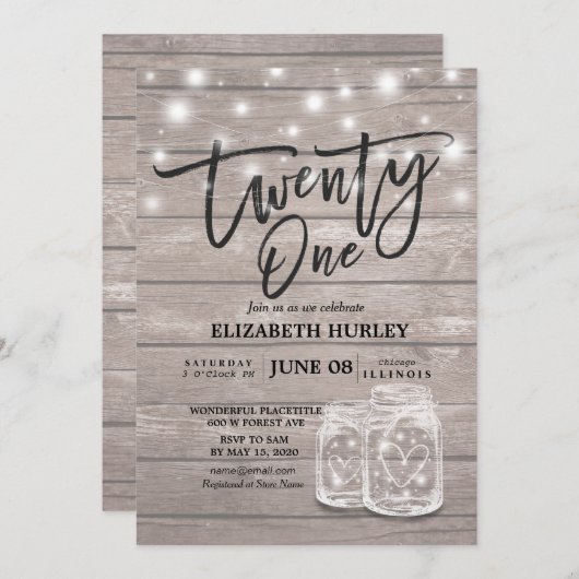 Invitation 21e Anniversaire Fête Mason Jars Chaîne Lumières B (Devant / Derrière)