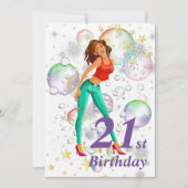 Invitation 21e anniversaire fête mignonne fille mème bulles é (Devant)