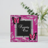 Invitation 21e Anniversaire Fête Pink Black Papillons Argent (Debout devant)