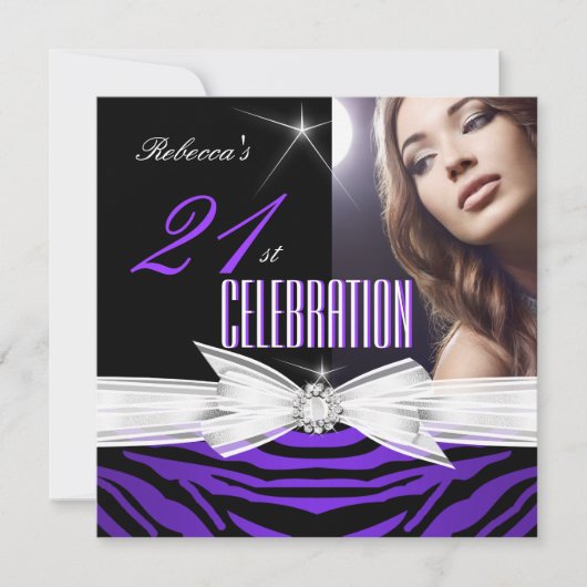 Invitation 21e Anniversaire Fête Purple 21 Zebra Photo 2 (Devant)