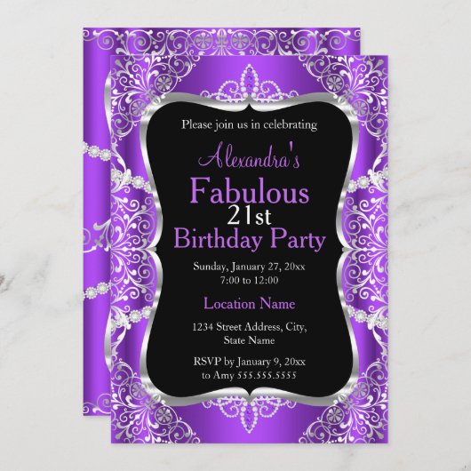 Invitation 21e Anniversaire Fête Purple Silver Black Invitati (Devant / Derrière)