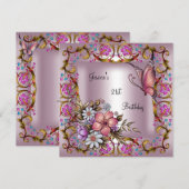 Invitation 21e Anniversaire Fête Rose Floral Blanc Papillon (Devant / Derrière)