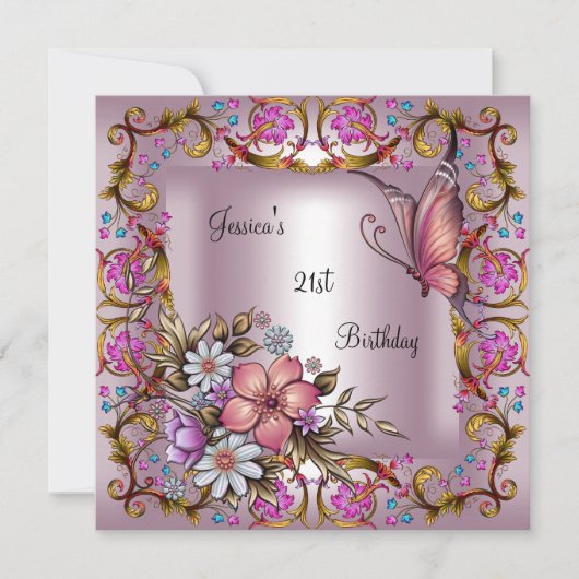 Invitation 21e Anniversaire Fête Rose Floral Blanc Papillon (Devant)