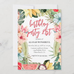 Invitation 21e anniversaire fête Tropical Floral Aquarelle