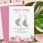 Invitation 21e Anniversaire Fête Tropical Pink Protea Numéro<br><div class="desc">21e anniversaire invitation avec numéro 21 décoré de feuilles de palmiers tropicaux, fleurs de protéa rose et une noix de coco. Design féminin et élégant subtil avec des arrangements floraux aquarelles dans les tons rose et vert. Parfait pour célébrer le 21e anniversaire, la fête du luau ou le garden tea...</div>