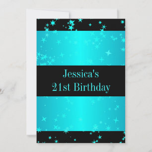 Invitation 21e Anniversaire Fête Turquoise Étoiles Noir & Bla