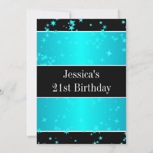 Invitation 21e Anniversaire Fête Turquoise Étoiles Noir & Bla
