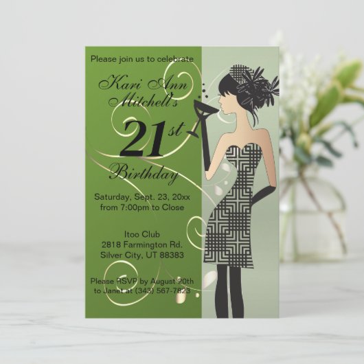 Invitation 21e anniversaire fille fête Bash - Vert (Debout devant)