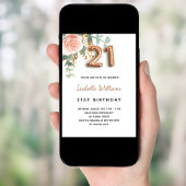 Invitation 21e anniversaire fleurie rose or eucalyptus vert