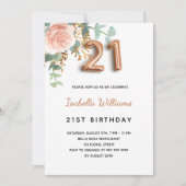 Invitation 21e anniversaire fleurie rose or eucalyptus vert (Devant)