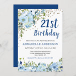 Invitation 21e anniversaire Floral Navy Blue Gold Parties sci<br><div class="desc">21e anniversaire Marine Bleu Script Floral Aquarelle or Confetti Parties scintillant Dots Invitation Le design comporte de belles aquarelles bleu clair et vert floral florales.</div>