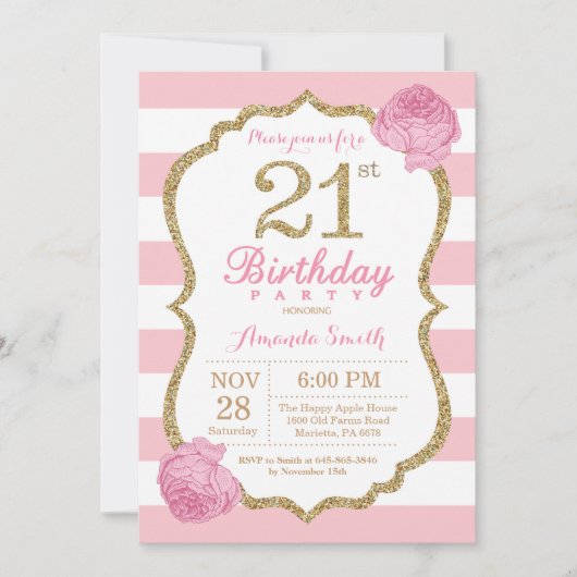 Invitation 21e anniversaire Florale rose et or (Devant)