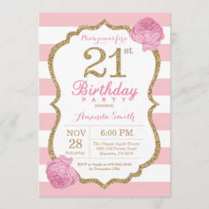 Invitation 21e anniversaire Florale rose et or