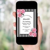 Invitation 21e anniversaire flores roses sur bandes blanches 