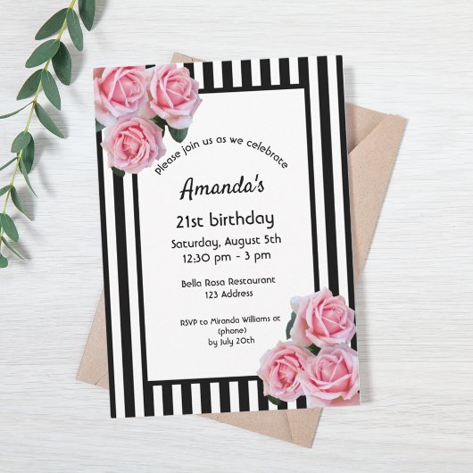 Invitation 21e anniversaire flores roses sur bandes blanches 