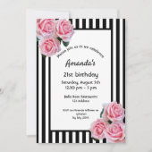Invitation 21e anniversaire flores roses sur bandes blanches  (Devant)
