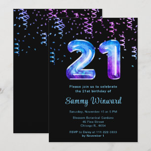 Invitation 21e Anniversaire Galaxy Ballons avec Confetti