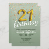 Invitation 21e Anniversaire Gold Confetti Foil Balloon Vert (Devant / Derrière)
