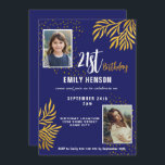 Invitation 21e anniversaire Gold Foliage 2 Photo Party<br><div class="desc">21e anniversaire Gold Foliage 2 Photo Party Invitation. Fêtez un jalon dans le style avec notre invitation élégant Black & Gold 21st Birthday. Doté d'un arrière - plan bleu marine sophistiqué orné d'un luxueux feuillage doré, ce design ajoute une touche de classe à toute célébration. Personnalisée avec 2 photos, cette...</div>